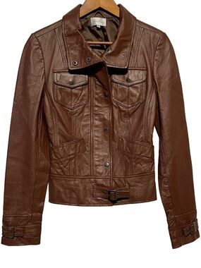 COSTA BLANCA Brown Leather Jacket Cropped Moto Utility Fitted